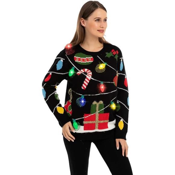 Womens LED Light Up String Light Ugly Christmas Sweater Built-in Light Bulbs - Picture 4 of 5